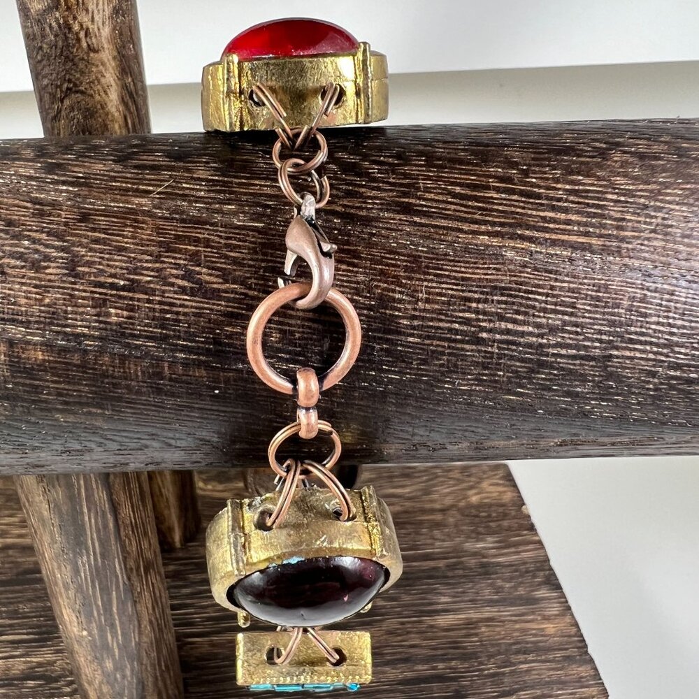 Vintage Gold-Tone & Multicolor Gemstone-Inspired Bracelet With Chain Links - Picture 2 of 2